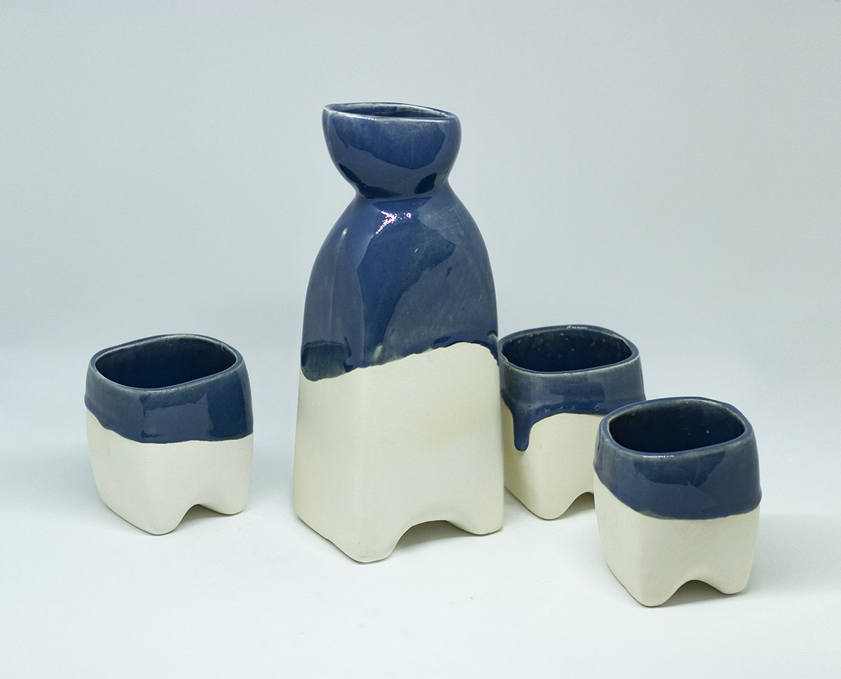 drinking set drinksets drinkkan handgemaakt een stip dast blauw kruik kopjes